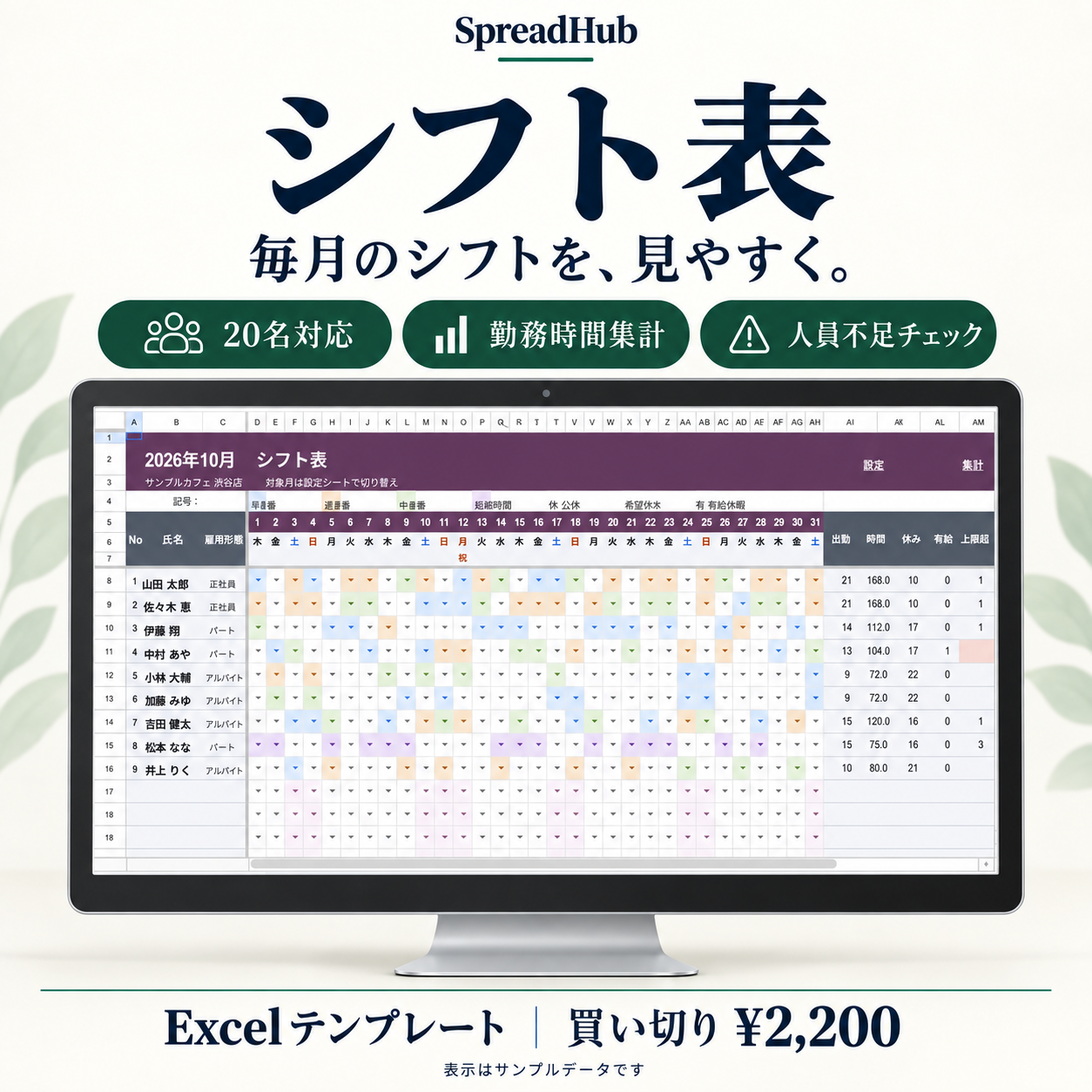 シフト表｜勤務時間・人件費集計のサンプル画面