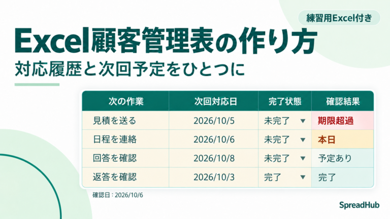 Excel顧客管理表の作り方|対応履歴と次回対応日を顧客IDで管理。練習用Excelの表を使った解説画像。