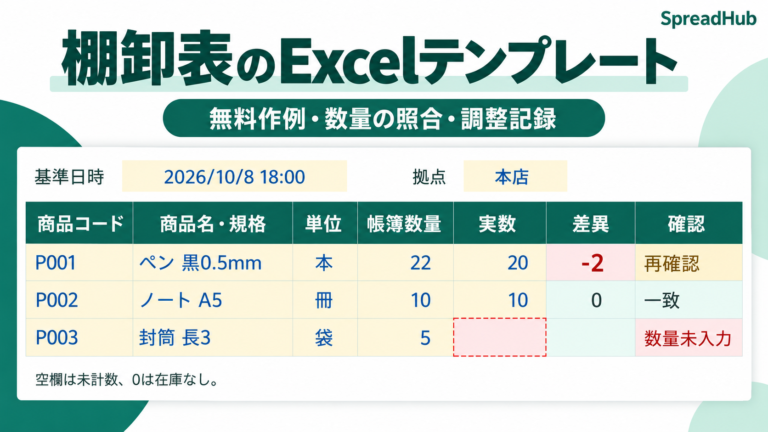 棚卸表のExcelテンプレート。帳簿22本と実数20本の差異−2、実数が空欄の行は数量未入力と表示。